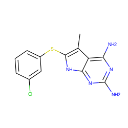 Cc1c(Sc2cccc(Cl)c2)[nH]c2nc(N)nc(N)c12 ZINC000013580842