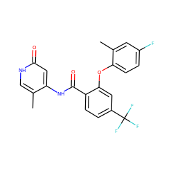 Cc1c[nH]c(=O)cc1NC(=O)c1ccc(C(F)(F)F)cc1Oc1ccc(F)cc1C ZINC000143161929