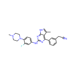 Cc1c[nH]c2nc(Nc3ccc(N4CCN(C)CC4)c(F)c3)nc(-c3cccc(CC#N)c3)c12 ZINC000143157631