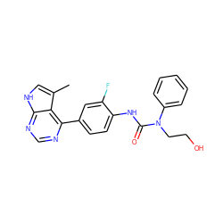 Cc1c[nH]c2ncnc(-c3ccc(NC(=O)N(CCO)c4ccccc4)c(F)c3)c12 ZINC000142482141