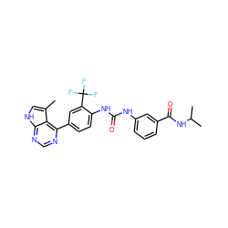 Cc1c[nH]c2ncnc(-c3ccc(NC(=O)Nc4cccc(C(=O)NC(C)C)c4)c(C(F)(F)F)c3)c12 ZINC000299862147