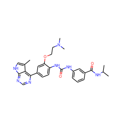 Cc1c[nH]c2ncnc(-c3ccc(NC(=O)Nc4cccc(C(=O)NC(C)C)c4)c(OCCN(C)C)c3)c12 ZINC000141885864