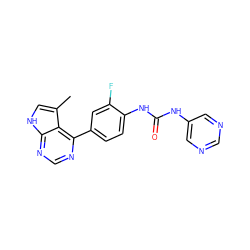 Cc1c[nH]c2ncnc(-c3ccc(NC(=O)Nc4cncnc4)c(F)c3)c12 ZINC000473154406