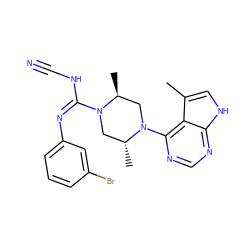 Cc1c[nH]c2ncnc(N3C[C@H](C)N(/C(=N\c4cccc(Br)c4)NC#N)C[C@H]3C)c12 ZINC000045260594