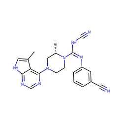 Cc1c[nH]c2ncnc(N3CCN(/C(=N\c4cccc(C#N)c4)NC#N)[C@@H](C)C3)c12 ZINC000045255591