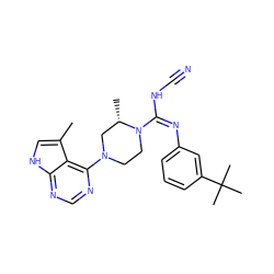 Cc1c[nH]c2ncnc(N3CCN(/C(=N\c4cccc(C(C)(C)C)c4)NC#N)[C@@H](C)C3)c12 ZINC000045254822