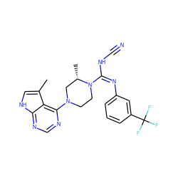 Cc1c[nH]c2ncnc(N3CCN(/C(=N\c4cccc(C(F)(F)F)c4)NC#N)[C@@H](C)C3)c12 ZINC000045285422