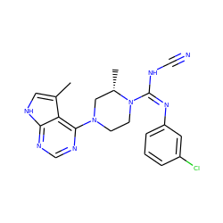 Cc1c[nH]c2ncnc(N3CCN(/C(=N\c4cccc(Cl)c4)NC#N)[C@@H](C)C3)c12 ZINC000045259763