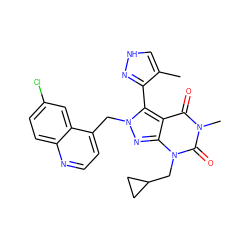 Cc1c[nH]nc1-c1c2c(=O)n(C)c(=O)n(CC3CC3)c2nn1Cc1ccnc2ccc(Cl)cc12 ZINC000084730715