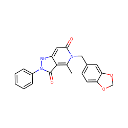 Cc1c2c(=O)n(-c3ccccc3)[nH]c2cc(=O)n1Cc1ccc2c(c1)OCO2 ZINC000005274875