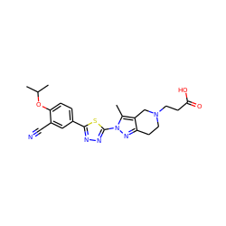 Cc1c2c(nn1-c1nnc(-c3ccc(OC(C)C)c(C#N)c3)s1)CCN(CCC(=O)O)C2 ZINC000068247800