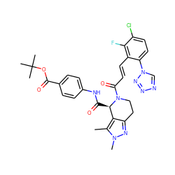 Cc1c2c(nn1C)CCN(C(=O)/C=C/c1c(-n3cnnn3)ccc(Cl)c1F)[C@@H]2C(=O)Nc1ccc(C(=O)OC(C)(C)C)cc1 ZINC001772644907