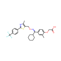 Cc1cc(/C(=N/OCc2sc(-c3ccc(C(F)(F)F)cc3)nc2C)C2CCCCC2)ccc1OCC(=O)O ZINC000066259488