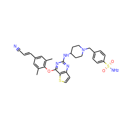 Cc1cc(/C=C/C#N)cc(C)c1Oc1nc(NC2CCN(Cc3ccc(S(N)(=O)=O)cc3)CC2)nc2ccsc12 ZINC001772643193