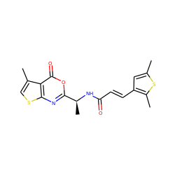 Cc1cc(/C=C/C(=O)N[C@@H](C)c2nc3scc(C)c3c(=O)o2)c(C)s1 ZINC000027517678