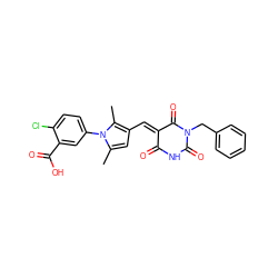 Cc1cc(/C=C2\C(=O)NC(=O)N(Cc3ccccc3)C2=O)c(C)n1-c1ccc(Cl)c(C(=O)O)c1 ZINC000020030467