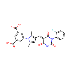 Cc1cc(/C=C2\C(=O)NC(=O)N(c3ccccc3F)C2=O)c(C)n1-c1cc(C(=O)O)cc(C(=O)O)c1 ZINC000002287859