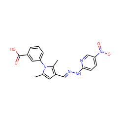 Cc1cc(/C=N/Nc2ccc([N+](=O)[O-])cn2)c(C)n1-c1cccc(C(=O)O)c1 ZINC000004048000