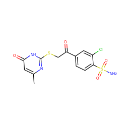 Cc1cc(=O)[nH]c(SCC(=O)c2ccc(S(N)(=O)=O)c(Cl)c2)n1 ZINC000096940231