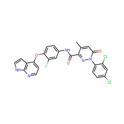 Cc1cc(=O)n(-c2ccc(Cl)cc2Cl)nc1C(=O)Nc1ccc(Oc2ccnc3[nH]ccc23)c(F)c1 ZINC001772575339