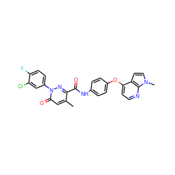 Cc1cc(=O)n(-c2ccc(F)c(Cl)c2)nc1C(=O)Nc1ccc(Oc2ccnc3c2ccn3C)cc1 ZINC001772615779