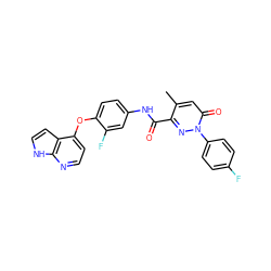 Cc1cc(=O)n(-c2ccc(F)cc2)nc1C(=O)Nc1ccc(Oc2ccnc3[nH]ccc23)c(F)c1 ZINC001772611682