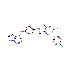 Cc1cc(=O)n(-c2ccc(F)cc2)nc1C(=O)Nc1ccc(Oc2ccnc3[nH]ccc23)cc1 ZINC001772638658