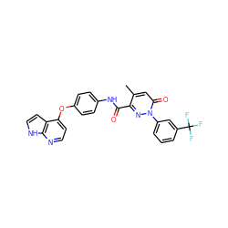 Cc1cc(=O)n(-c2cccc(C(F)(F)F)c2)nc1C(=O)Nc1ccc(Oc2ccnc3[nH]ccc23)cc1 ZINC001772610460