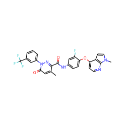 Cc1cc(=O)n(-c2cccc(C(F)(F)F)c2)nc1C(=O)Nc1ccc(Oc2ccnc3c2ccn3C)c(F)c1 ZINC001772575023