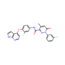 Cc1cc(=O)n(-c2cccc(F)c2)nc1C(=O)Nc1ccc(Oc2ccnc3[nH]ccc23)c(F)c1 ZINC001772641013