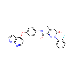 Cc1cc(=O)n(-c2ccccc2F)nc1C(=O)Nc1ccc(Oc2ccnc3[nH]ccc23)cc1 ZINC001772630520