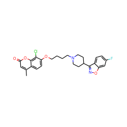 Cc1cc(=O)oc2c(Cl)c(OCCCCN3CCC(c4noc5cc(F)ccc45)CC3)ccc12 ZINC000096270830