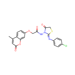 Cc1cc(=O)oc2cc(OCC(=O)NN3C(=O)CS/C3=N\c3ccc(Cl)cc3)ccc12 ZINC000095578556