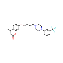 Cc1cc(=O)oc2cc(OCCCCN3CCN(c4cccc(C(F)(F)F)c4)CC3)ccc12 ZINC000096929500