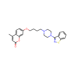 Cc1cc(=O)oc2cc(OCCCCN3CCN(c4nsc5ccccc45)CC3)ccc12 ZINC000096929503