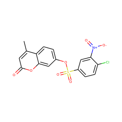 Cc1cc(=O)oc2cc(OS(=O)(=O)c3ccc(Cl)c([N+](=O)[O-])c3)ccc12 ZINC001772600338