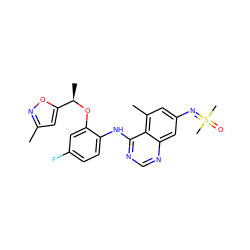 Cc1cc([C@@H](C)Oc2cc(F)ccc2Nc2ncnc3cc(N=S(C)(C)=O)cc(C)c23)on1 ZINC001772621362