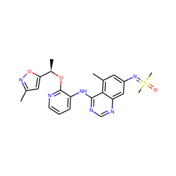 Cc1cc([C@@H](C)Oc2ncccc2Nc2ncnc3cc(N=S(C)(C)=O)cc(C)c23)on1 ZINC001772649436