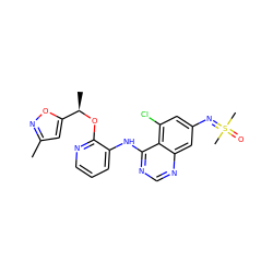 Cc1cc([C@@H](C)Oc2ncccc2Nc2ncnc3cc(N=S(C)(C)=O)cc(Cl)c23)on1 ZINC001772633808