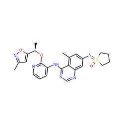 Cc1cc([C@@H](C)Oc2ncccc2Nc2ncnc3cc(N=S4(=O)CCCC4)cc(C)c23)on1 ZINC001772636908