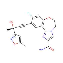 Cc1cc([C@](C)(O)C#Cc2cc3c(cc2F)OCCn2cc(C(N)=O)nc2-3)no1 ZINC000205787249