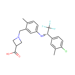 Cc1cc([C@H](Nc2ccc(C)c(CN3CC(C(=O)O)C3)c2)C(F)(F)F)ccc1Cl ZINC000118390338