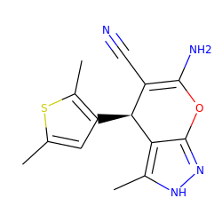 Cc1cc([C@H]2C(C#N)=C(N)Oc3n[nH]c(C)c32)c(C)s1 ZINC000008578011