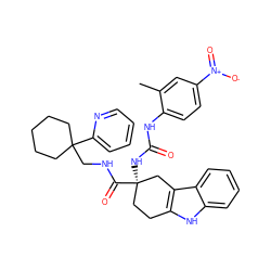 Cc1cc([N+](=O)[O-])ccc1NC(=O)N[C@@]1(C(=O)NCC2(c3ccccn3)CCCCC2)CCc2[nH]c3ccccc3c2C1 ZINC000026820377