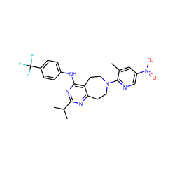 Cc1cc([N+](=O)[O-])cnc1N1CCc2nc(C(C)C)nc(Nc3ccc(C(F)(F)F)cc3)c2CC1 ZINC000168433357