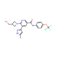 Cc1cc(-c2cc(C(=O)Nc3ccc(OC(F)(F)Cl)cc3)cnc2N2CC(CO)C2)n[nH]1 ZINC000224437618