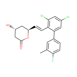 Cc1cc(-c2cc(Cl)cc(Cl)c2/C=C/[C@@H]2C[C@@H](O)CC(=O)O2)ccc1F ZINC000029479076