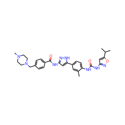 Cc1cc(-c2cc(NC(=O)c3ccc(CN4CCN(C)CC4)cc3)n[nH]2)ccc1NC(=O)Nc1cc(C(C)C)on1 ZINC000584904660