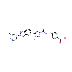 Cc1cc(-c2cc3cc(-c4cc(C(=O)NCc5ccc(C(=O)O)cc5)nn4C)ccc3[nH]2)cc(F)n1 ZINC000115830602