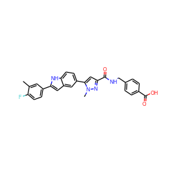 Cc1cc(-c2cc3cc(-c4cc(C(=O)NCc5ccc(C(=O)O)cc5)nn4C)ccc3[nH]2)ccc1F ZINC000115832518